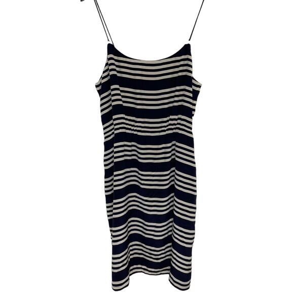 J Crew 100% Silk Blue White Striped Spaghetti Strap Dress Size 14 Women’s NEW - Picture 1 of 10